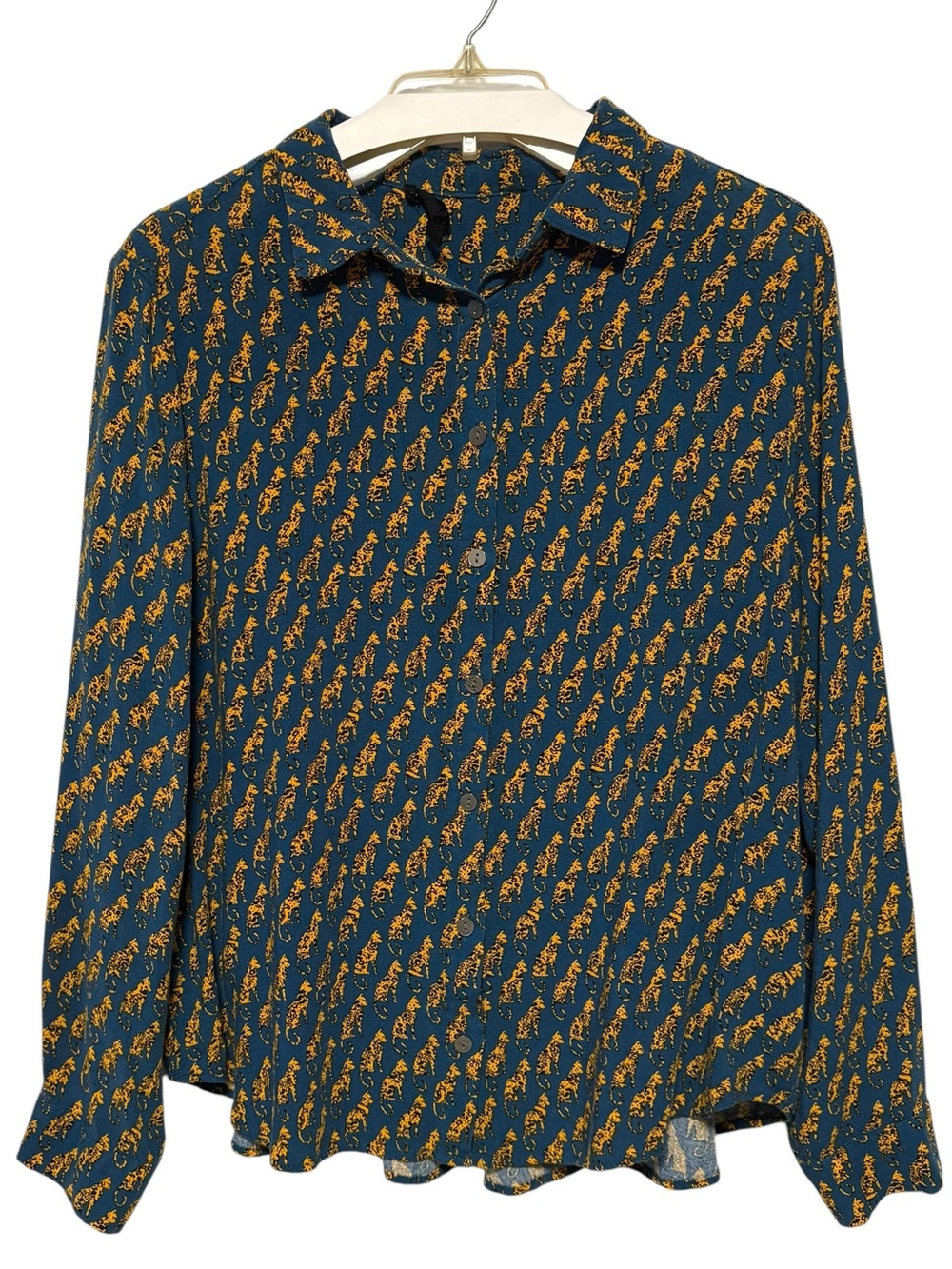 JANE + DELANCEY Leopard Print Button Front Blouse XL Mustard Animal Print Top - Picture 2 of 10